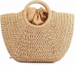EROUGE Natural Chic Straw Bag Hand Woven Round Handle Handbags Retro Summer Beach Bag Beach Bag HKD230807