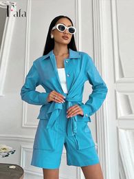 Women's Tracksuits Women 2 Pieces Shorts Cotton Linen Suits Fashion Lapel Shirts And Chic Cargo Outfits 2023 Office Blue Pocket Set