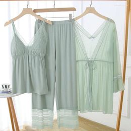 Women's Sleepwear Summer Three Piece Pyjama Set Mesh Modal Chest Cushion Strap Four-color Nightgown Lace Hem Solid Colours 2023 Nightwear