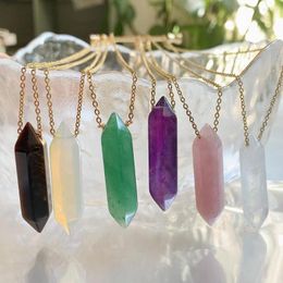 Pendant Necklaces Minimalist Stainless Steel Chain Charm Opal Natural Stone Hexagonal Point Pink Purple Crystal Necklace Healing