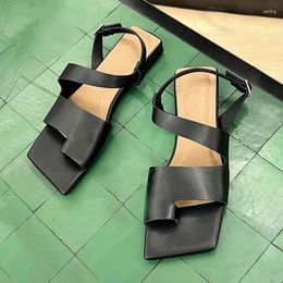 Sandals Fashion Clip Toe Roman Leisure Holiday Beach Shoes 2023 Summer Square Head Flats Women's All-Match Leather Single