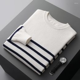 Men's Sweaters Pure Wool Cashmere Sweater Round Neck Pullover Autumn And Winter Striped Tops Casual Loose Fashion Large Size