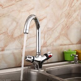 The Higher Thermostatic Mixer Kitchen Faucet Cold and Hot Water Mixer Short Nose Double Handle Chrome Finish Basin Automatic