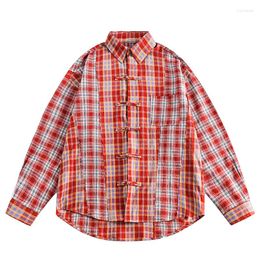 Men's Casual Shirts Hip Hop Plaid Long Sleeve Shirt Streetwear Chinoiserie Button Loose Breathable Cotton Up Tops Outdoor