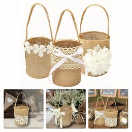 Wedding Lace Burlap Flower Basket Linen Handle Vintage Country Wedding Table Decoration Baby Shower Party Candy Gift Bag