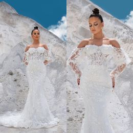 Elegant Mermaid Lace Wedding Dresses Bride Gowns Flower Appliqued Off The Shoulder Modest Bride Dress