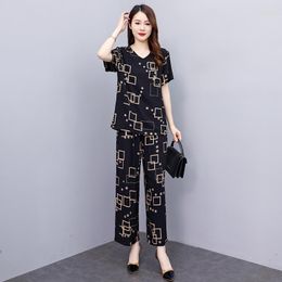 Women's T Shirts Summer Two Piece Sets Womens Outifits 2023 Casual Printing Elastic Waist Wide Leg Pants Elegant Blouse Suit