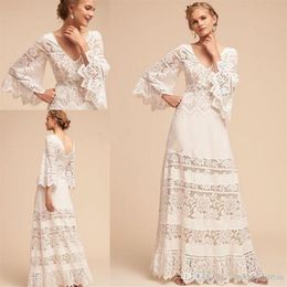 Elegant White A-Line Lace Wedding Dresses 2020 Bell Sleeve Plus Size V-neck BHLDN Full length Lace Chiffon Bohemian Wedding Bridal282l