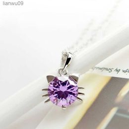 Cute Cat 925 Sterling Silver Necklace Girl Jewellery Shiny Zircon Clear Purple Necklace Women Valentine's Day Accessories KOFSAC L230704