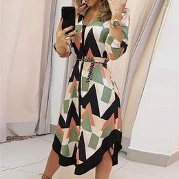 Casual Dresses Chic Single Breasted Skirts Spring 2023 Woman Long Sleeve Print Fashion Turn Down Collar Lace Up Party Dress