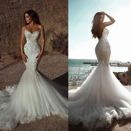 Fairy Sweetheart Mermaid Wedding Dresses Lace Appliques Bridal Gown Custom Made Crystals Sleeveless Wedding Gowns270O