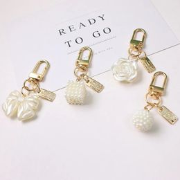 White Rose Bowknot Keychain for Women Girls Car Key Holder Pearl Tassel Pendant Key Ring Handbag Accessories