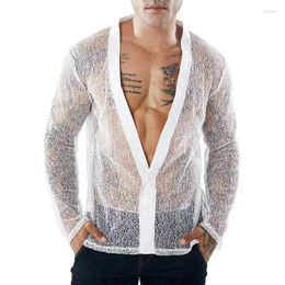 Men's Casual Shirts Fashion Sexy See Through Mesh Slim Fit Shirt For Male Tops Summer Long Sleeve Tees Party Trend Clothing