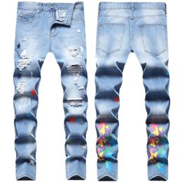 American hip hop style West coast hipster men four ripped stars digital print small straight leg jeans men Designer Jeans Mens Denim Pants Fashion Trouser Top Sell