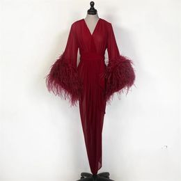 Royal Bride Sleepwear Robes Feather Long Sleeve Custom Made Ruched Chiffon Women Sleepwear Sweep Train Pajamas Dresses285d