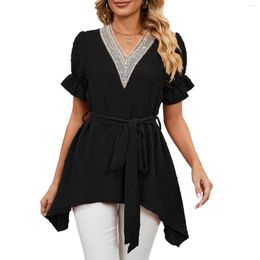 Party Dresses 2023 Blouses For Women Fashion V Neck Short Sleeve With Belt Irregular Casual Elegant Tops Ladies Plus Size Office Shirts