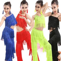 Stage Wear 1 Set Girl Latin Dance Dresses Ballroom Fringe Tassel Dress Pants Kids Sequin Salsa Samba Competition Costume