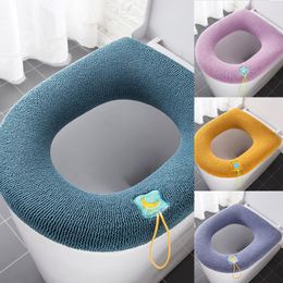 Toilet Seat Covers Winter Warm Cover Mat Washable Thickened Knitted Bathroom Pad Cushion With Handle Pure Color Soft Bidet