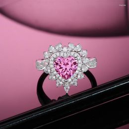 Cluster Rings Red 2023 High Carbon Diamond Ring 10 Pink Heart Bridal 925 Sterling Silver Elegant Jewelry Party Gift