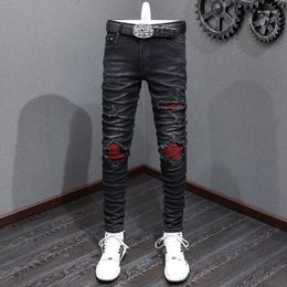 Men's Jeans High Street Fashion Men Retro Black Grey Stretch Skinny Ripped Red Patched Designer Hip Hop Brand Pants Hombre