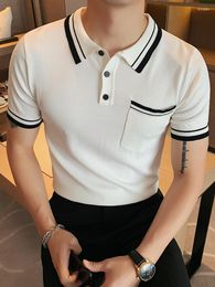 Men's Polos 2023 Knitted POLO Shirt Men Summer Short Sleeve Shirts Stripe Splicing Business Casual Clothing Slim Office Social Top