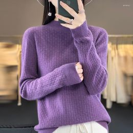Women's Sweaters Autumn Winter Half High Collar Waffle Pure Wool Knit Bottom Shirt Versatile Long Sleeve Pullover Sweater Top