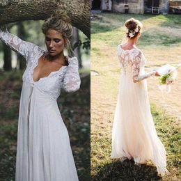 Gorgeous Empire Waist Lace Chiffon Wedding Dresses Cheap High Quality Illusioin Long Sleeves Bridal Gowns for Maternity Pregnant B230x