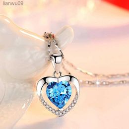 KOFSAC New Fashion 925 Silver Necklaces For Women Wedding Charm Blue Crystal Love Heart Pendant Necklace Lady Engagement Jewellery L230704