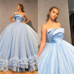 Sparkly Ball Gown Prom Dresses Strapless Puffy Bling Bling Evening Gowns Floor Length Backless Ruffles Party Dress235l