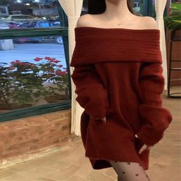 Casual Dresses Women Red Sexy Slash Neck Thickened Knitted Dress Fall Winter Long Sleeve Party Solid Sweater Mini 2023