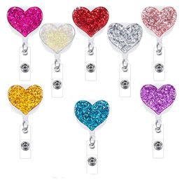 10 Pcs/Lot Fashion Key Rings Office Supply Shine Heart Shape Bling Smooth Resin ID Name Card Holder Retractable Badge Reels For Nurse Doctor Work Accessories