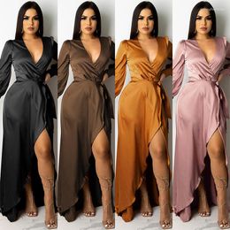 Casual Dresses Fashion Soft Silk Women Long With Belt Solid Colour Smooth High Waist Slit V Neck Vestidos Sexy Lady Sleeve Clothes