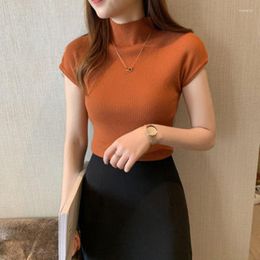 Women's Sweaters Summer Acrylic Sweater Turtleneck Short Sleeve Pullover Knitted Solid Slim Korean Style Fashion Casual