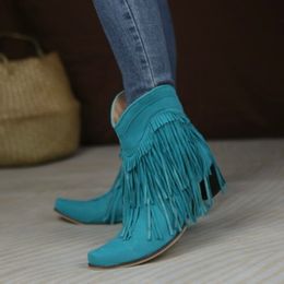 Women BONJOMARISA Flock 718 Cowboy Ankle Western Boots Retro Fringe Slip on Casual Leisure Stacked Heeled Autumn Shoes Short Booties 230807 a
