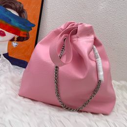 Women Pink Crossbody Bag String Shopping Handbags Soft Leather Double Handle Bottom Letter Pattern Chain With Holes Large Capacity Tote High-quality