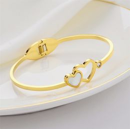 Fashion Stainless Steel Double Heart Bangle Cuff Bracelet for Women Gift