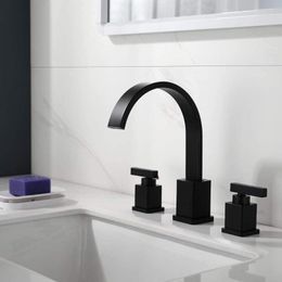 Bathroom Sink Faucets Good Quality Brass Faucet 3 Hole 2 Lever Handle 8 Inch Widespread With -Up Drain (Matte Black)