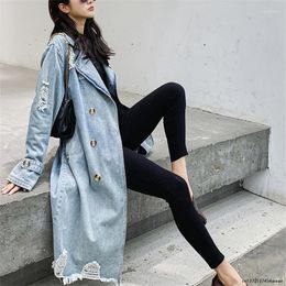 Women's Trench Coats Vintage Denim Coat Women Fashion Classic Double Breasted Hole Long Windbreaker Female Spring Street Loose