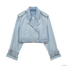 Women's Trench Coats Women Short Jackets Fashion Spring Blue Denim Coat Vintage Long Sleeve Belt Relaxed Female Outerwear Chic Tops