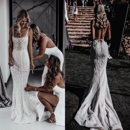 Bling Sequined Squre Neck Trumpet Mermaid Wedding Dresses Spaghetti Straps Sexy Open Back Robes de Mariee Sweep Train Modest Secon270P