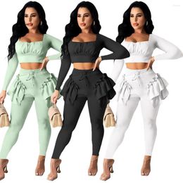 Women's Pants Women Set Solid Long Sleeve Square Collar Crop Tops Stretchy Pencil Two 2 Piece Sets Fashion Outfit Tracksuit Fall