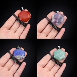 Pendant Necklaces Leather Rope Chain Natural Stone Hexagonal Charm Fluorite Crystal Agate Green Aventrine Exquisite Jewelry Accessories