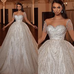 Luxurious Sweetheart A line Wedding Dresses Short Sleeve Beads Bridal Dresses Sweep Floor vestidos de novia Custom Made