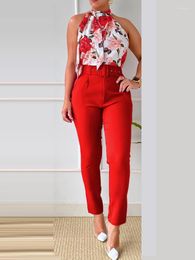 Women's Two Piece Pants Summer Elegant Floral Print Shirt Set Female Sleeveless Backless Blouse Trouser Sets High Street Fashion Suit 2023