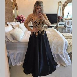 Gold Lace Appliqued Beads Satin Prom Gowns Navy Blue Long Sleeves Prom Dresses Long Arabic Dubai Evening Party Dress215K