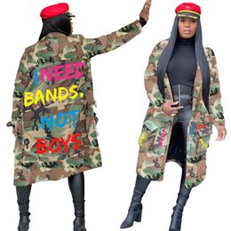 Women's Trench Coats Camouflage Trench Jacket Women Plus Size Clothing Letter Print Coat Streetwear Long Style Crop Top Wholesale Drop 230804