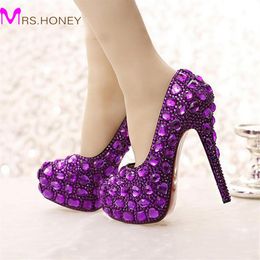 Purple Crystal Bridal Shoes High Heel Platforms Handmade Beautiful Rhinestone Wedding Party Shoes Luxury Graudation Prom Pumps306r