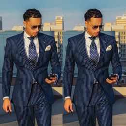 Classic Navy Blue Chalk Stripe Wedding Tuxedos Mens Suit Two Pieces Formal Business Mens Jacket Blazer Groom Tuxedo286Q