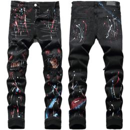 Men's Jeans High Quality Men's Slim-fit Black Jeans Light Luxury Patchwork Printed Decorating Hip Hop Jeans Stylish Sexy Street Jeans; 230804