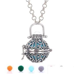 Lockets Essential Oil Diffuser Lava Necklace Openwork Flower Aromatherapy Rock Pendant Necklaces For Women Fashion Jewellery Drop Delive Dhmab